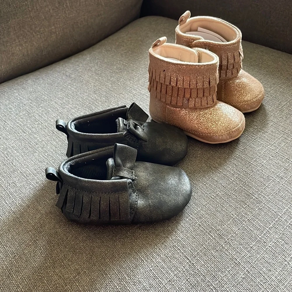 Carters tan Gold Speck moccasin style Booties Grey Bow moccasin style flats